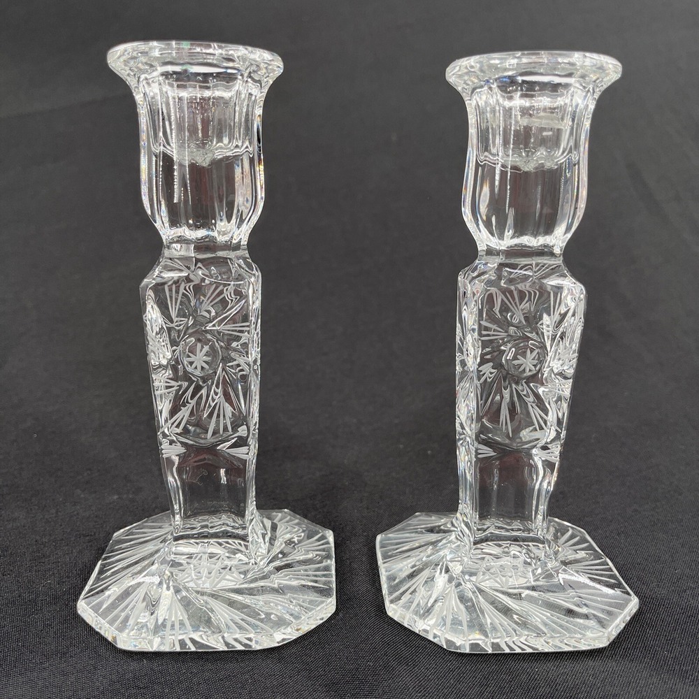 American Brilliant Crystal Star Pattern‎ Candlesticks Pair 5.75" Tall RARE
